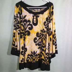 Cato Black Yellow Print Blouse Flowy Tunic Top Bell Sleeve Keyhole Neck 18/20 W
